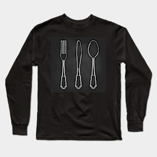 Vector hand drawn illustration with cutlery set. Sketch. Vintage illustration. Chalkboard background Long Sleeve T-Shirt